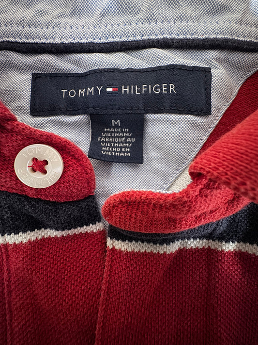Tommy Hilfiger Райе Поло M — Мъжка Риза Червено/Синьо 100% Памук