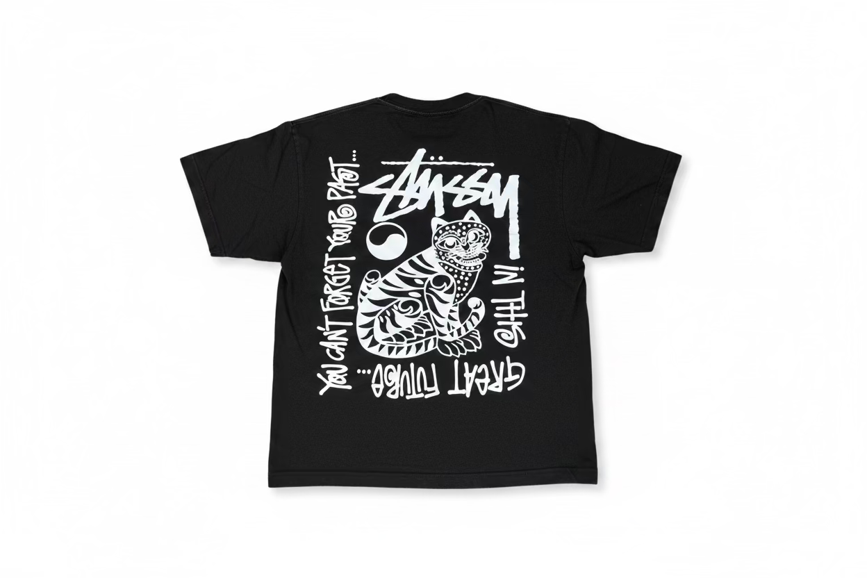 Stussy тениска черна – графити принт “Great Future” с тигър 