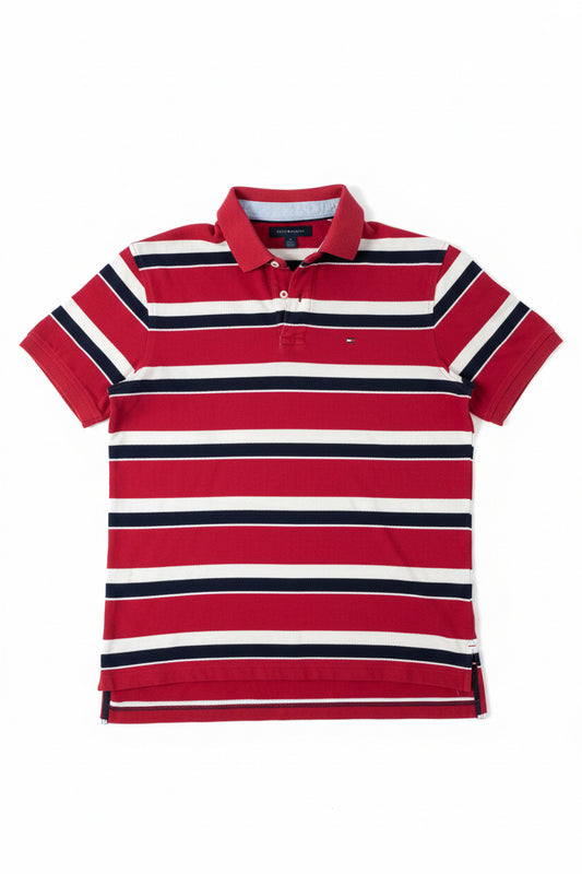 Tommy Hilfiger Райе Поло M — Мъжка Риза Червено/Синьо 100% Памук