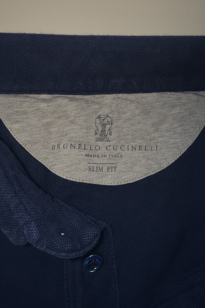 Brunello Cucinelli Луксозно Тъмносиньо Поло XL Slim Fit — Made in Italy