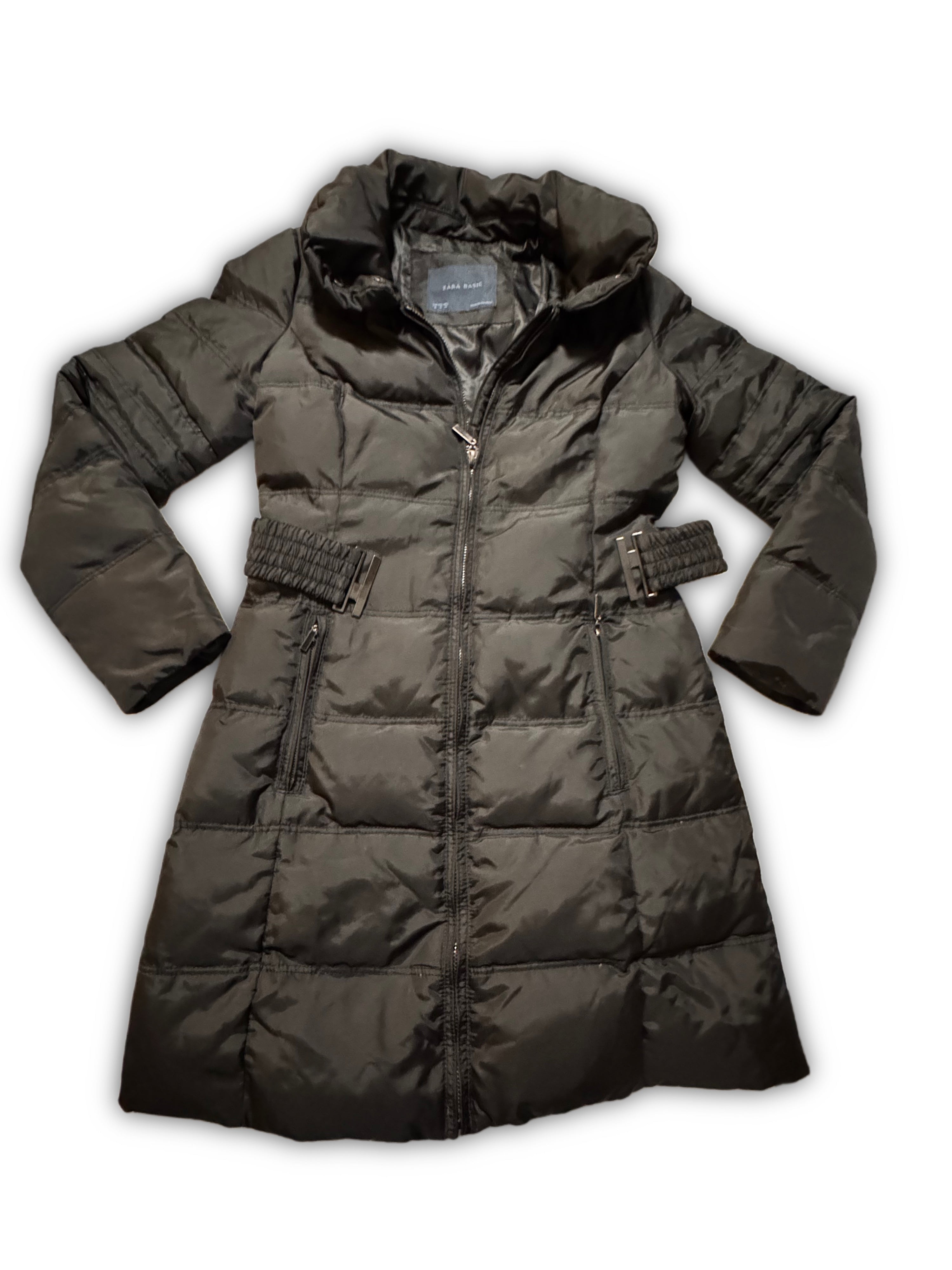 Zara Basic – Дълго капитонирано яке с колан – Черно – Размер M